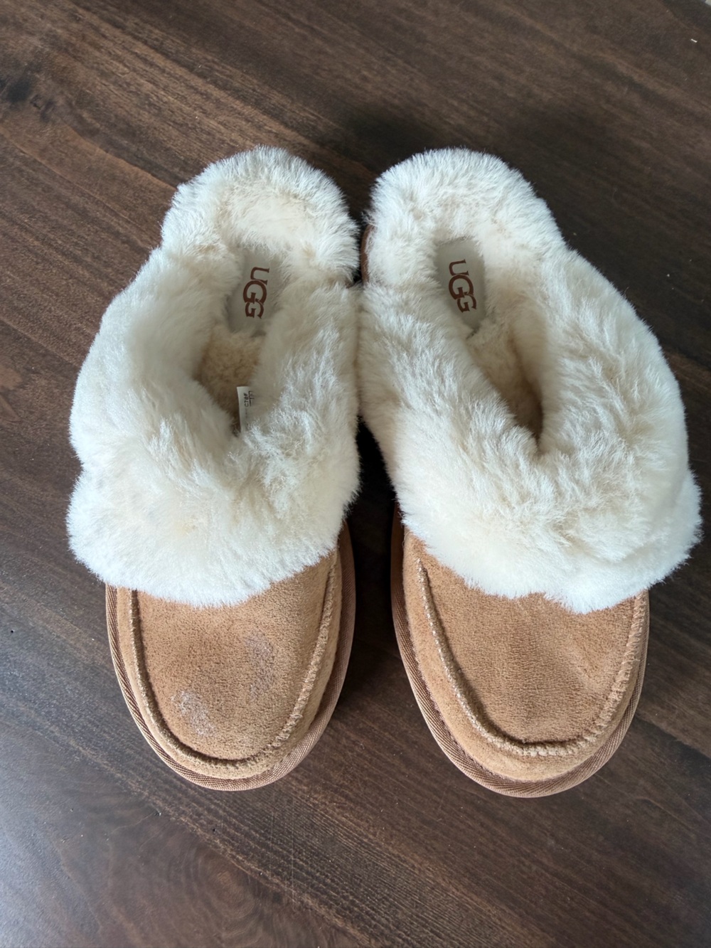 UGG Chestnut Suede Slip-On Slippers with Cream Shearling Cuff